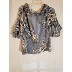 Women's Style House Blue Striped Flutter Sleeve Blouse Size S
